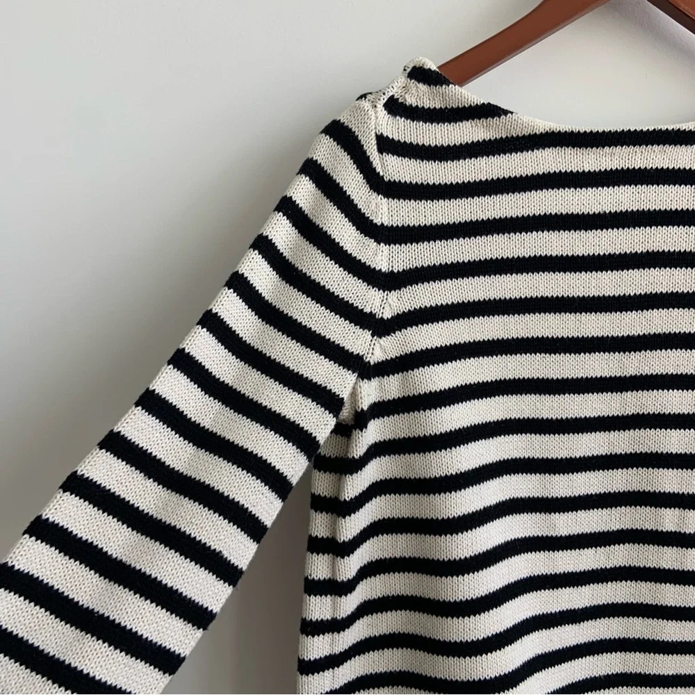 Marled Black and White Crew Neck Sweater with Nautical Stripes Size M - Picture 2 of 12